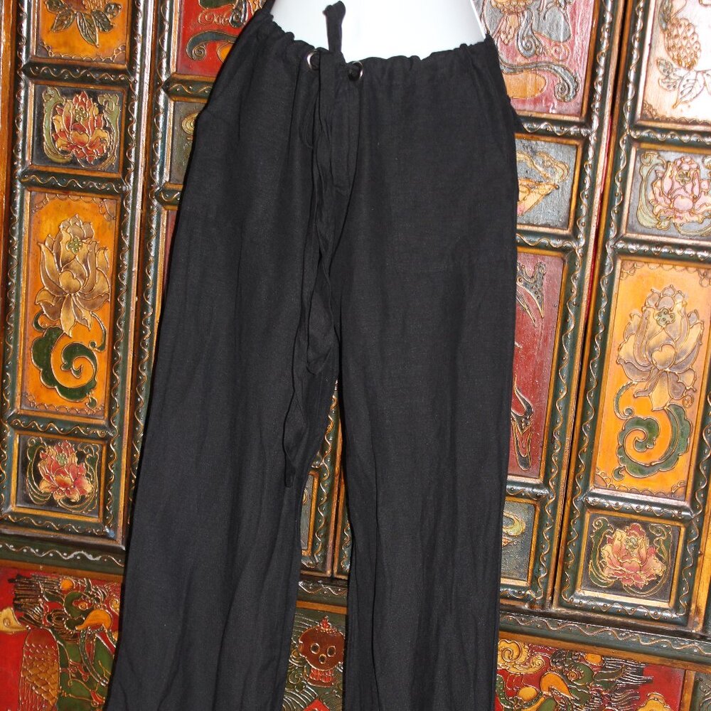 XXi Linen Black Drawstring Trousers with Mother of Pearl Buttons